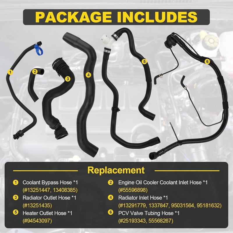 YEHERIT 6 Pcs Engine Radiator Coolant Hose, Heater Hose, PCV Pipe, Coolant Inlet & Outlet Pipe Set Compatible with Chevy Cruze 2011-2016 1.4L Replace # 13251447 13251435 13291779 94543097 25193343 55596898 - Image 3